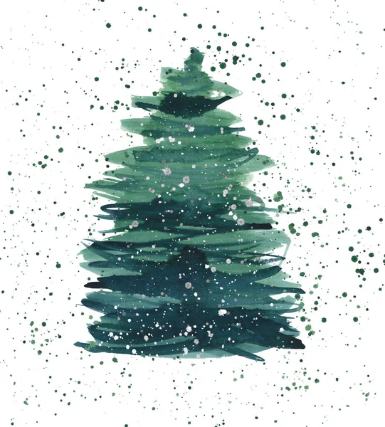 Natal bonito abstrato gráfico artístico maravilhoso brilhante feriado inverno verde abeto árvores com padrão de spray verde ilustração mão aquarela. Perfeito para têxteis, papéis de parede, fundos e cartões de felicitações — Fotografia de Stock