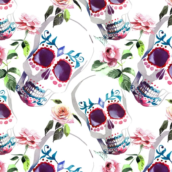 Schöne schöne grafische künstlerische abstrakte hell niedlich halloween stilvolle florale Totenkopf mit zarten Rosen Aquarell Handskizze. ideal für Textilien, Tapeten, Geschenkpapier, Karten, Einladungen — Stockfoto