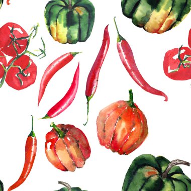 Güzel güzel grafik sanatsal soyut parlak şirin Cadılar Bayramı turuncu, yeşil kabak, kırmızı sıcak biber biber ve domates şube seamless modeli Rastgele Resim Sergisi suluboya el kroki bulunan