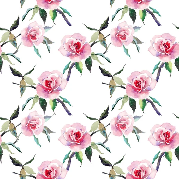 Beautiful tender gentle sophisticated wonderful lovely cute spring floral herbal botanical red powdery pink roses with green leaves pattern watercolor hand sketch. For greetings card, textile, wallpapers.