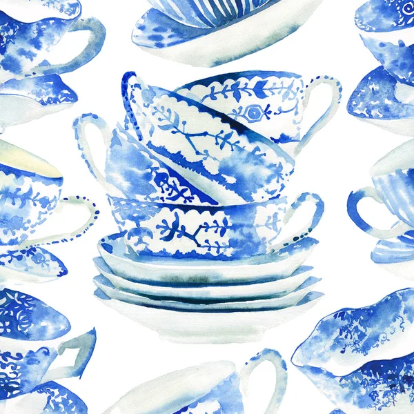 美丽的图形可爱的艺术招标精美的蓝色瓷茶杯图案水彩手插图 — 图库照片