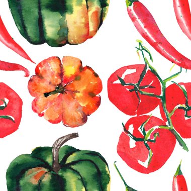Güzel güzel grafik sanatsal soyut parlak şirin Cadılar Bayramı turuncu, yeşil kabak, kırmızı sıcak biber biber ve domates şube seamless modeli Rastgele Resim Sergisi suluboya el kroki bulunan