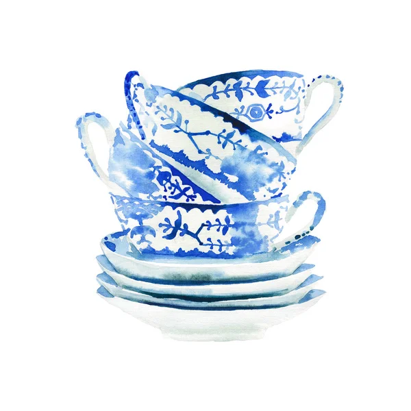 Belle Graphique Belle Artistique Tendre Merveilleuse Porcelaine Bleue Tasses Thé — Photo