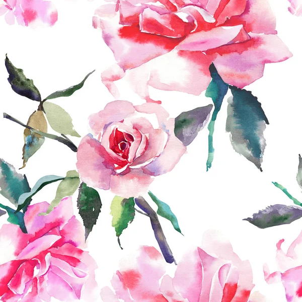 Beautiful tender gentle sophisticated wonderful lovely cute spring floral herbal botanical red powdery pink roses with green leaves pattern watercolor hand sketch. For greetings card, textile, wallpapers.