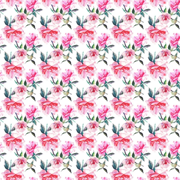 美丽温柔的精致可爱的可爱春天花卉草本植物红色粉状粉红色玫瑰与绿叶图案水彩手素描 纺织品 — 图库照片