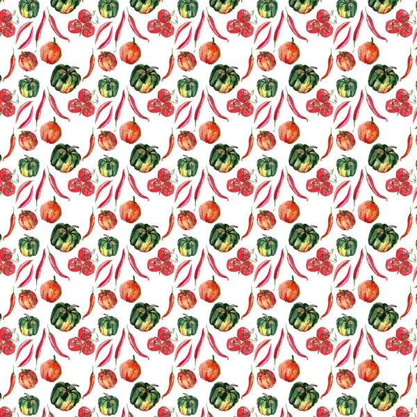 Patrón inconsútil de hermoso gráfico gráfico abstracto brillante lindo halloween naranja, calabazas verdes, pimiento rojo picante y rama de tomate situado en pinturas al azar acuarela boceto de mano —  Fotos de Stock