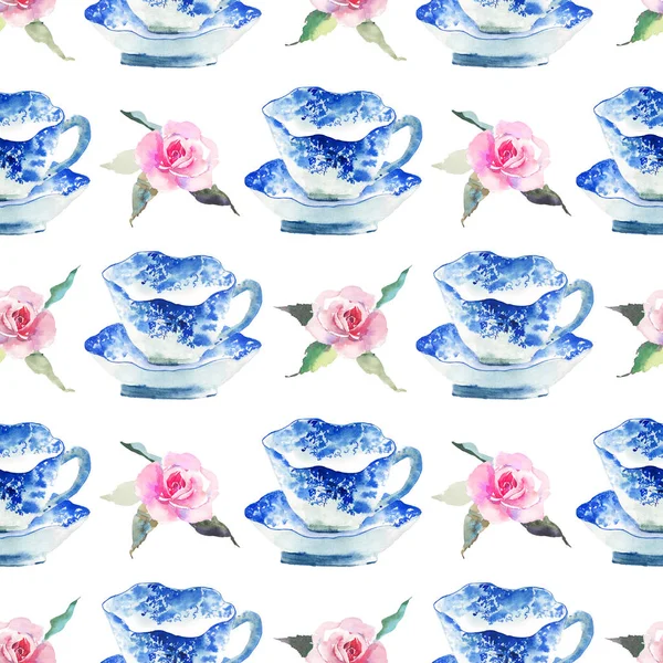 素敵なピンクのバラの花を持つ美しいグラフィック素敵な芸術的な柔らかい素晴らしい青い磁器中国茶カップ柄水彩手の図 — ストック写真