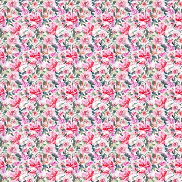 美丽温柔的精致可爱的可爱春天花卉草本植物红色粉状粉红色玫瑰与绿叶图案水彩手素描 纺织品 — 图库照片