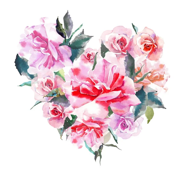 Beautiful tender gentle sophisticated wonderful lovely cute spring floral herbal botanical red powdery pink roses with green leaves heart watercolor hand sketch. For greetings card, textile