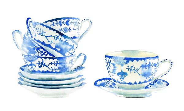 Güzel grafik güzel sanatsal ihale harika mavi porselen Çin çay bardak suluboya el illüstrasyon model. Menü için mükemmel, tekstil, duvar kağıtları