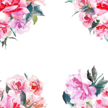 Güzel ihale nazik sofistike harika güzel şirin bahar çiçek bitki botanik kırmızı toz pembe güller yeşil yaprakları çerçeve suluboya el kroki ile. Tebrik kartı, tekstil, duvar kağıtları için