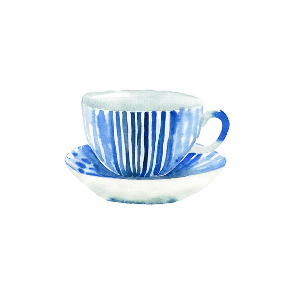 美しいグラフィック素敵な芸術的な柔らかい素晴らしい青い磁器中国紅茶カップ パターン水彩手イラスト テキスタイル 壁紙に最適 — ストック写真