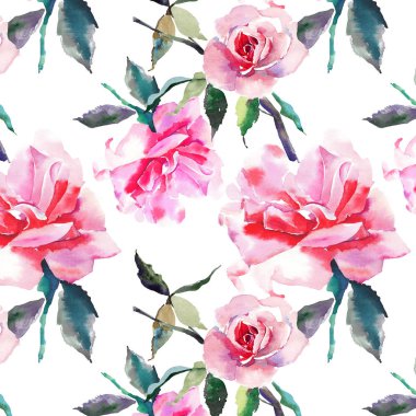 Güzel ihale nazik sofistike harika güzel şirin bahar çiçek bitki botanik kırmızı toz pembe güller yeşil yaprakları desen suluboya el kroki ile. Tebrik kartı, tekstil, duvar kağıtları için