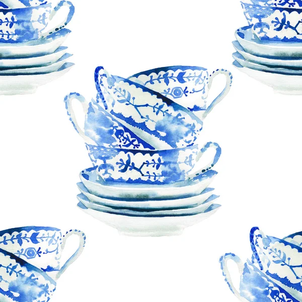 Hermoso Gráfico Encantador Artístico Tierno Maravilloso Azul Porcelana Tazas Patrón —  Fotos de Stock