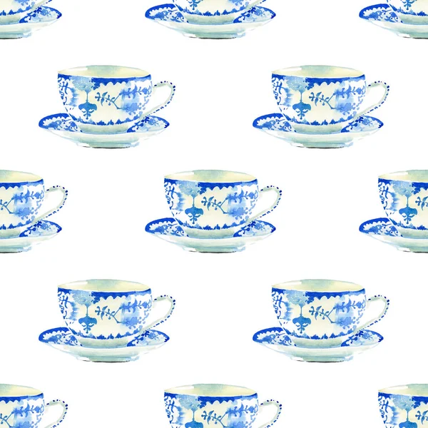 美丽的图形可爱的艺术招标精美的蓝瓷茶杯图案水彩手插图 完美的纺织品 — 图库照片