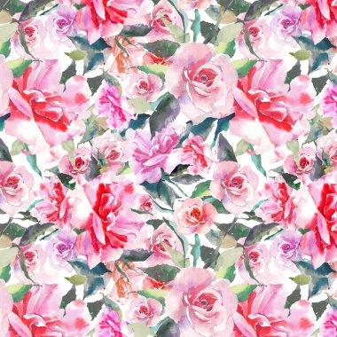 Güzel ihale nazik sofistike harika güzel şirin bahar çiçek bitki botanik kırmızı toz pembe güller yeşil yaprakları desen suluboya el kroki ile