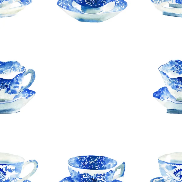 Hermoso Gráfico Encantador Artístico Tierno Maravilloso Azul Porcelana Tazas Patrón —  Fotos de Stock