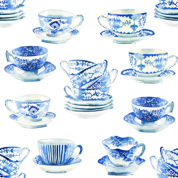 Hermoso Gráfico Encantador Artístico Tierno Maravilloso Azul Porcelana Tazas Patrón — Foto de Stock