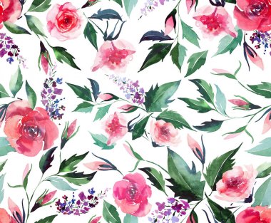 Bitkisel kır çiçekleri leylak tomurcukları ve yeşil gül çiçek ihale güzel parlak zarif harika renkli yumuşak yumuşak pembe bahar desen suluboya el illüstrasyon bırakır