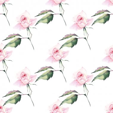 Güzel parlak şık harika renkli yumuşak yumuşak pembe bahar bitkisel tomurcukları ile gül ve desen suluboya el illüstrasyon yeşil yaprakları. Mükemmel tebrik kartı, tekstil, duvar kağıtları için