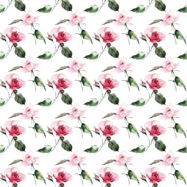 Güzel ihale nazik sofistike harika güzel şirin bahar çiçek bitki botanik kırmızı toz pembe güller yeşil yaprakları desen suluboya el kroki ile