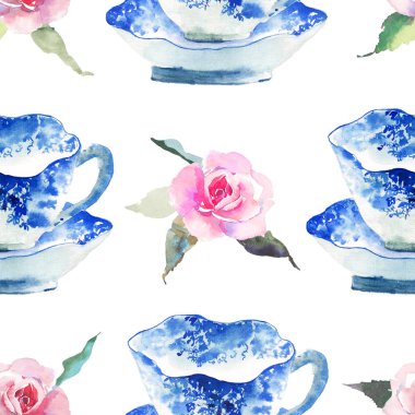 Güzel şirin grafik güzel sanatsal ihale harika mavi porselen Çin çay bardak güzel pembe güller çiçek ile suluboya el illüstrasyon model