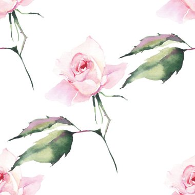 Güzel parlak şık harika renkli yumuşak yumuşak pembe bahar bitkisel tomurcukları ile gül ve desen suluboya el illüstrasyon yeşil yaprakları. Mükemmel tebrik kartı, tekstil, duvar kağıtları için