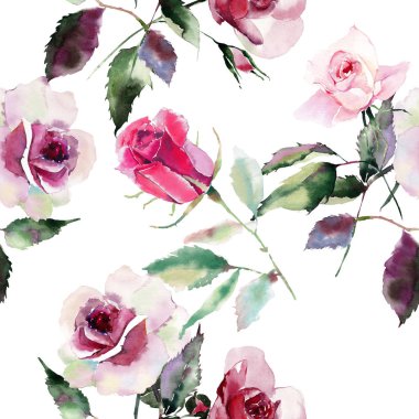 İhale nazik sofistike harika güzel şirin bahar çiçek bitki botanik kırmızı toz pembe Mor gül yeşil yaprakları desen suluboya el kroki ile. Tekstil için mükemmel