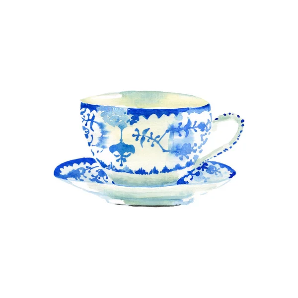 Hermoso Arte Brillante Tierno Maravilloso Porcelana Azul Taza Acuarela Mano —  Fotos de Stock