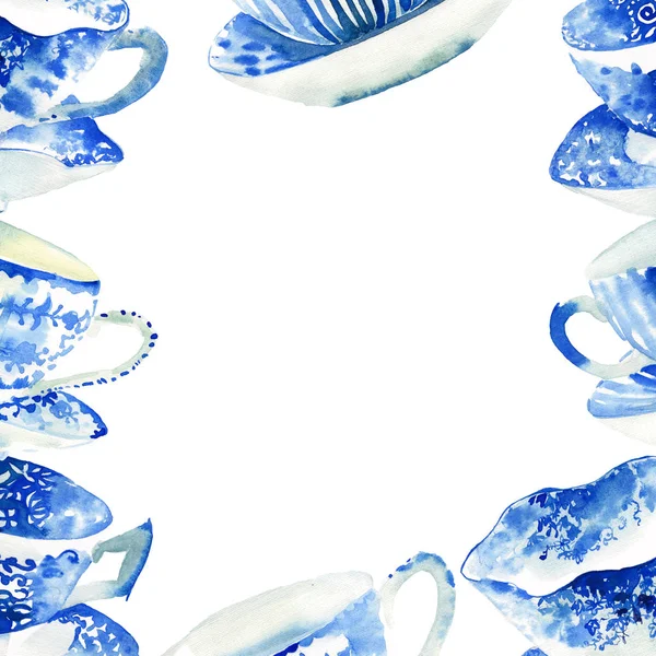 图形可爱可爱的温柔美妙的轻蓝色瓷杯框架水彩手插图 完美的纺织品 — 图库照片