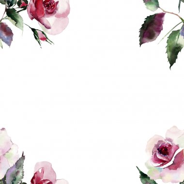 Nazik sofistike harika güzel şirin bahar çiçek bitki botanik kırmızı toz pembe güller yeşil yaprakları çerçeve suluboya el kroki ile