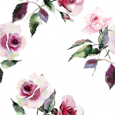 İhale nazik sofistike harika güzel şirin bahar çiçek bitkisel botanik kırmızı toz pembe mor güller yeşil yaprakları çerçeve suluboya el kroki ile. Tekstil için mükemmel