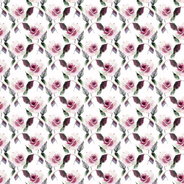 İhale nazik sofistike harika güzel şirin bahar çiçek bitki botanik kırmızı toz pembe Mor gül yeşil yaprakları desen suluboya el kroki ile. Tekstil için mükemmel