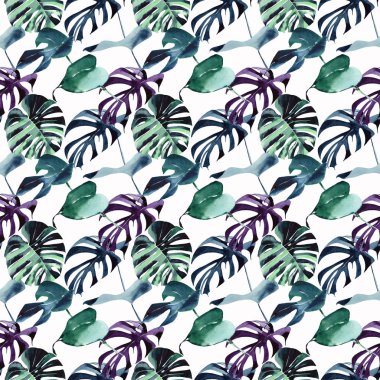 Güzel parlak tropikal tatlı güzel harika hawaii çiçek bitkisel plaj yaz yeşil mavi menekşe deseni bir avuç içi suluboya el çizimi. Tekstil, duvar kağıtları, kartları için mükemmel