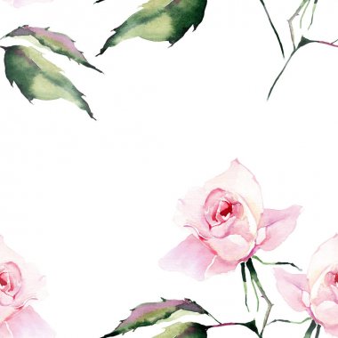 Güzel parlak şık harika renkli yumuşak yumuşak pembe bahar bitkisel tomurcukları ile gül ve desen suluboya el illüstrasyon yeşil yaprakları. Mükemmel tebrik kartı, tekstil, duvar kağıtları için