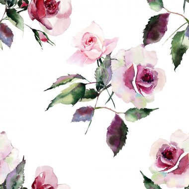 Güzel parlak şık harika renkli yumuşak yumuşak pembe bahar bitkisel tomurcukları ile gül ve desen suluboya el illüstrasyon yeşil yaprakları. Mükemmel tebrik kartı, tekstil, duvar kağıtları için