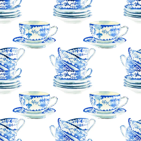 Beautiful graphic lovely artistic tender wonderful blue porcelain china tea cups pattern watercolor hand illustration. Perfect for textile, menu, wallpapers