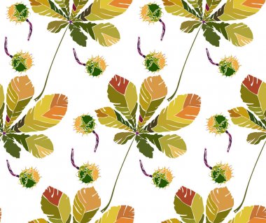 Güzel harika grafik parlak çiçek bitkisel sonbahar yeşil kestane yaprakları ve kestane desen vektör çizim. Tekstil, duvar kağıtları, ambalaj kağıdı, tebrik kartları için mükemmel
