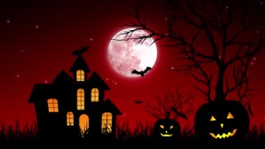 Cadılar Bayramı Castle Pumpkins kırmızı arka planda