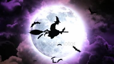 Halloween Bats and Witches in Purple Sky and Clouds