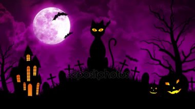 Korkunç kedi ve kale ve ay mor arka planda