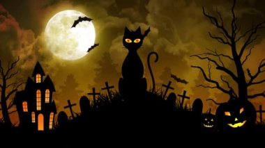 Korkunç kedi ve kale ve Moon sarı arka planda