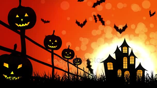 Calabazas del castillo de Halloween en fondo naranja — Vídeos de Stock