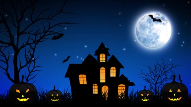 Halloween natt slott i blå bakgrund — Stockvideo