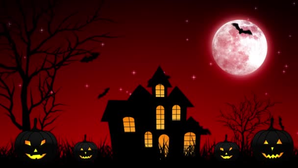 Castillo de Noche de Halloween en Fondo Rojo — Vídeo de stock