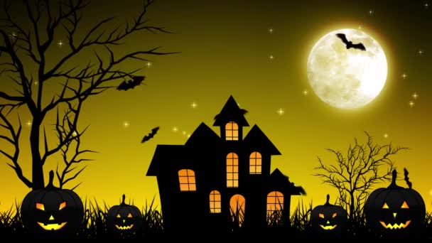 Castello notturno di Halloween in sfondo giallo — Video Stock