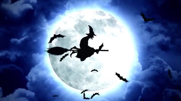 Pipistrelli e streghe di Halloween in cielo blu e nuvole — Video Stock