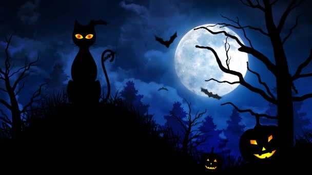 Gato asustadizo y luna en fondo azul — Vídeos de Stock