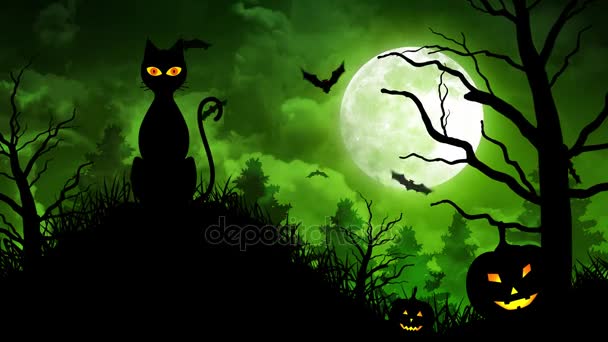 Страшный кот и луна на зеленом фоне — стоковое видео