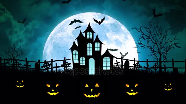 Halloween lune au-dessus du château dans le ciel cyan — Video